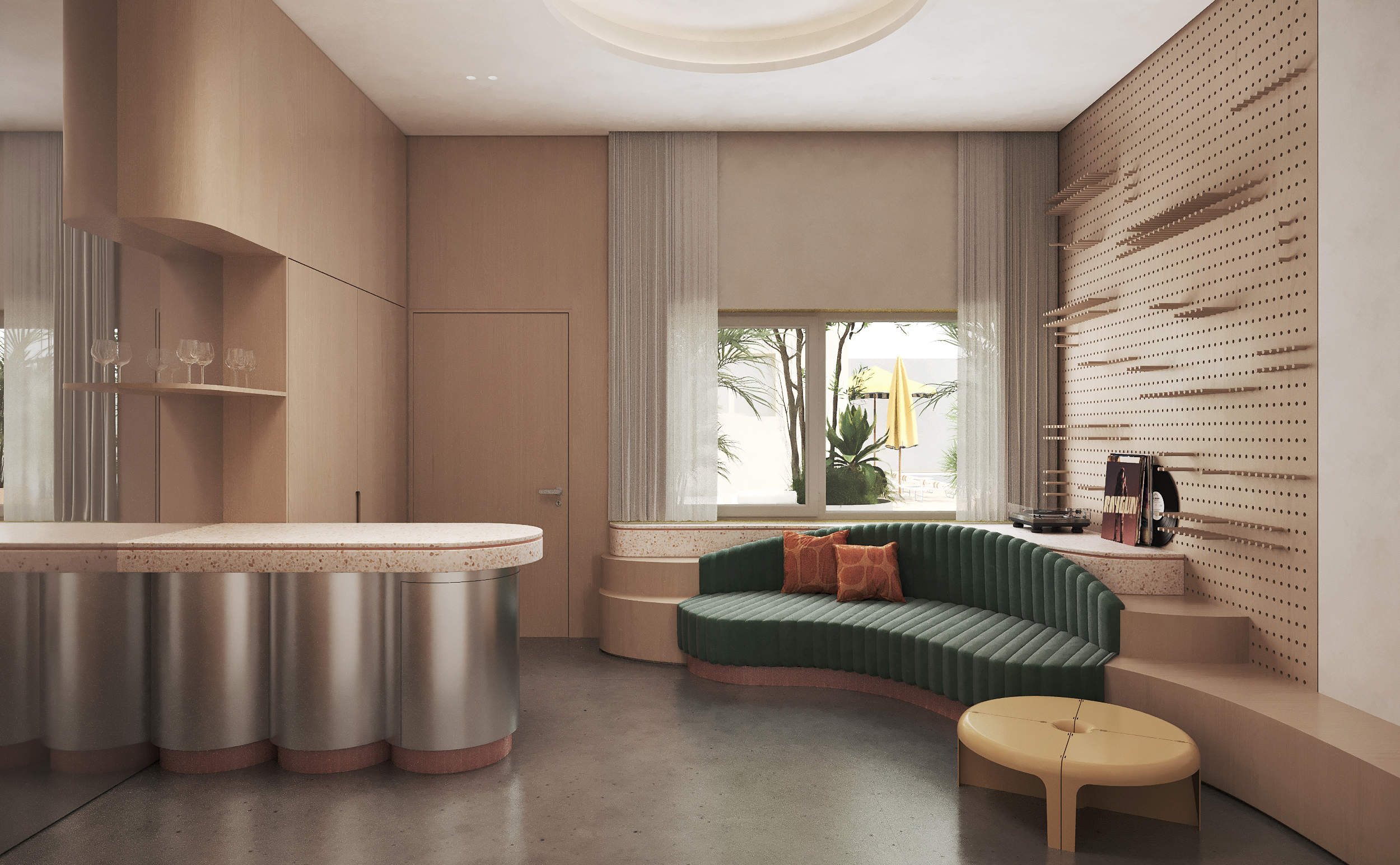Suite lounge with a stone bar counter and a curved green sofa