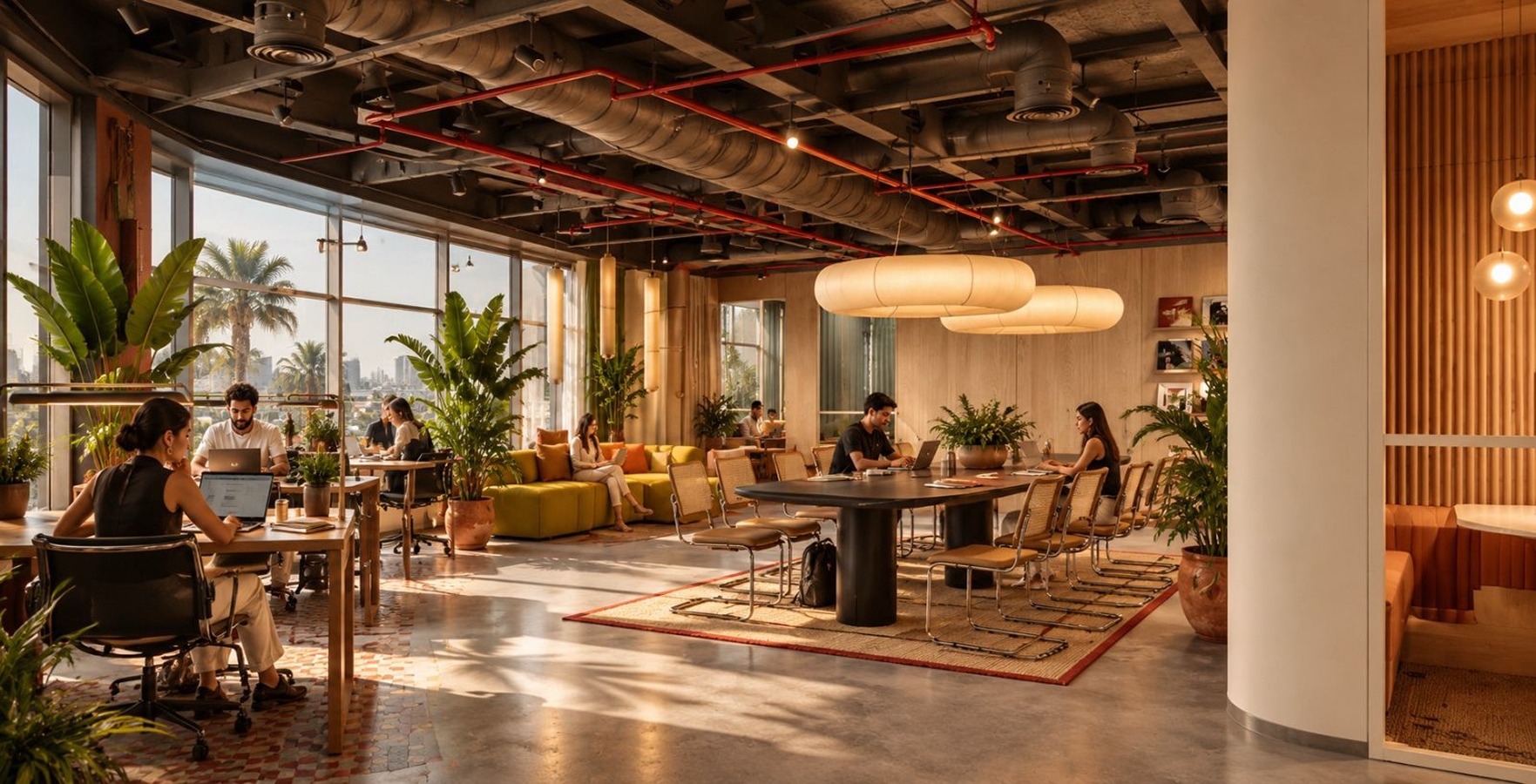 Open-plan restaurant with high ceilings and pendant lights