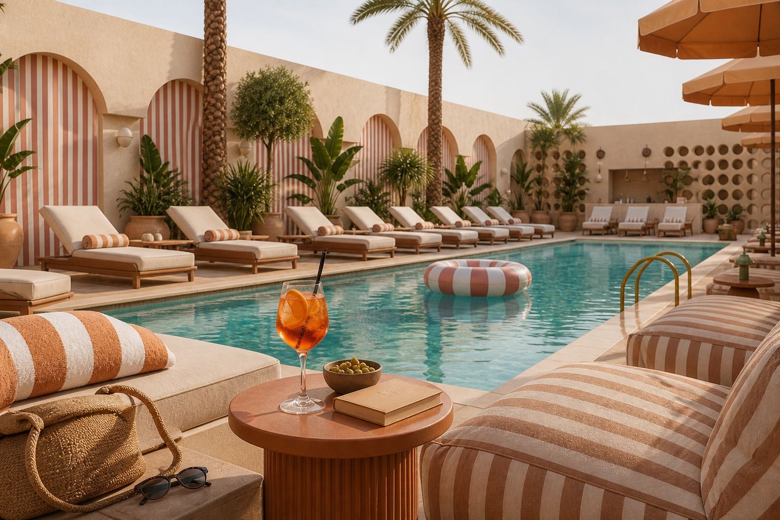 Poolside loungers with striped cushions beside a palm-lined pool